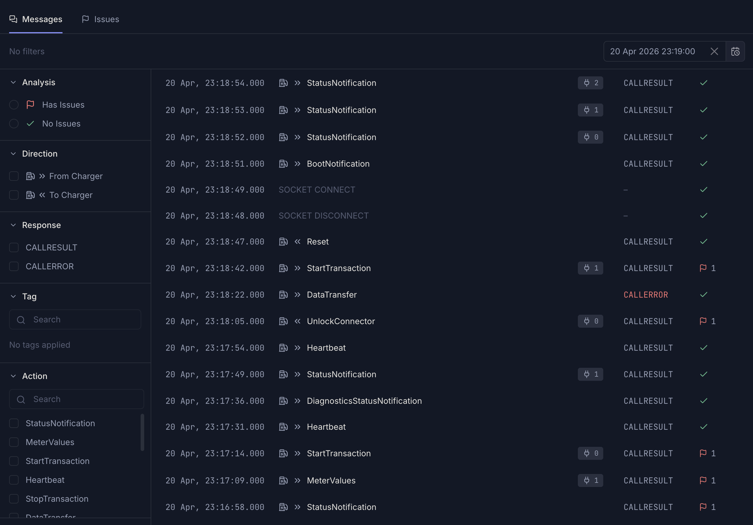 EVPanda Messages tab showing OCPP traffic — DataTransfer, StatusNotification, BootNotification, Heartbeat, with one Authorize call flagged for issues
